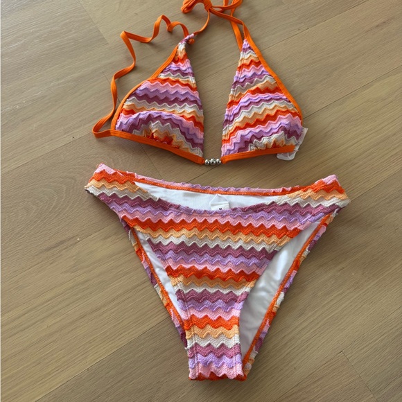 NWOT: Orange & Pink Zigzag Triangle Bikini Set - Picture 2 of 6
